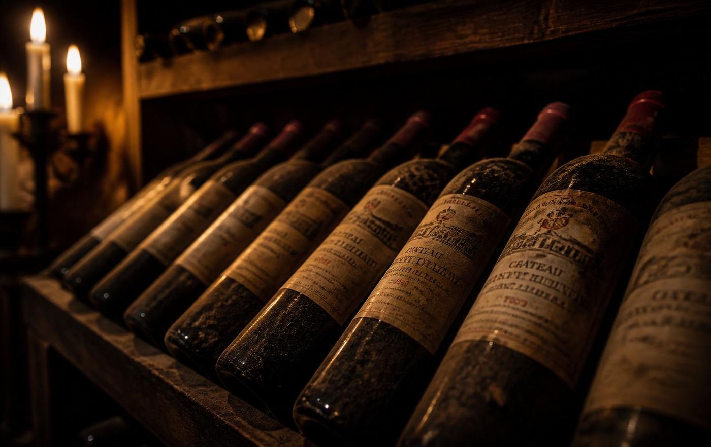 Cave voûtée d'un restaurant, bouteilles rangées par appellation dans la pénombre.